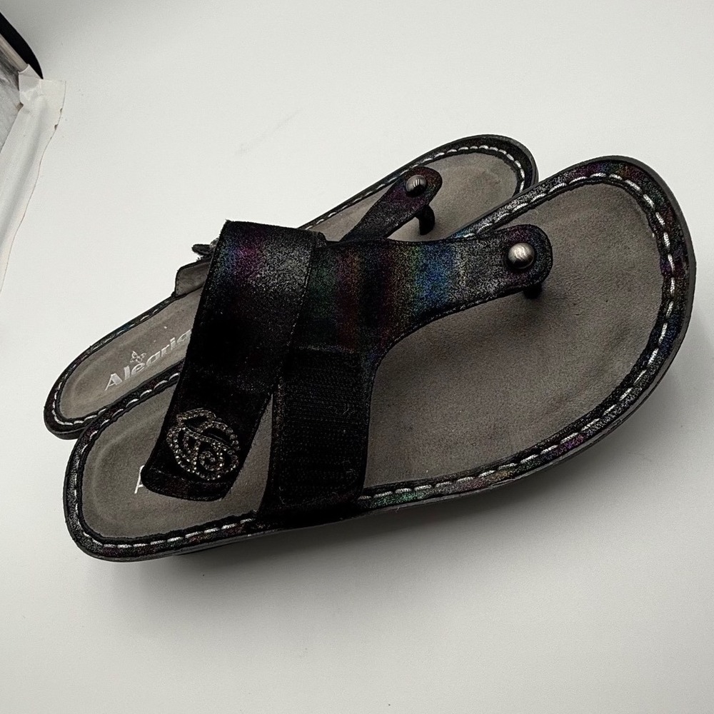 Alegria Carina Rainbow Metallic Leather Thong Sandals Black Rhinestone Rose 38 - Picture 3 of 10